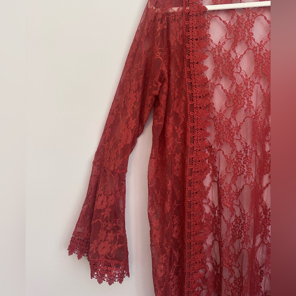 Polly & Esther Womens Rust Lace Kimono Bell Sleeve Size M Festival Bohemian Fall